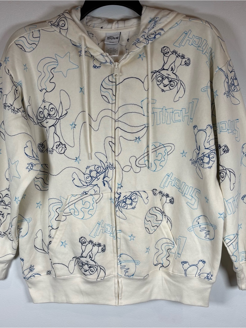 Disney Stitch Sweatshirt Women’s L Embroidered Full Zip Cream Hoodie Jacket NWT